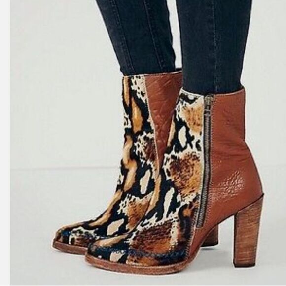 Free People Brown Leather & Calf Hair Leopard Print Booties